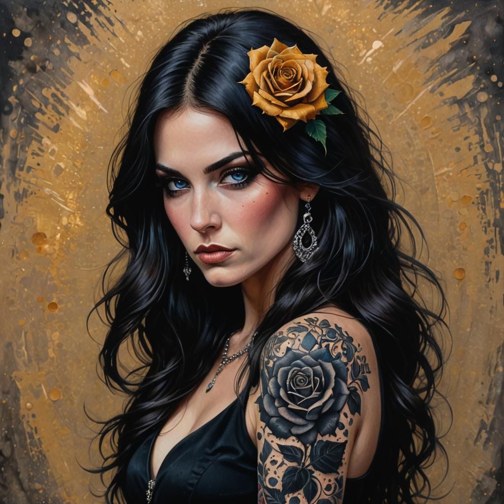 Pointillist Woman with Rose Tattoo and Rock Aesthetic