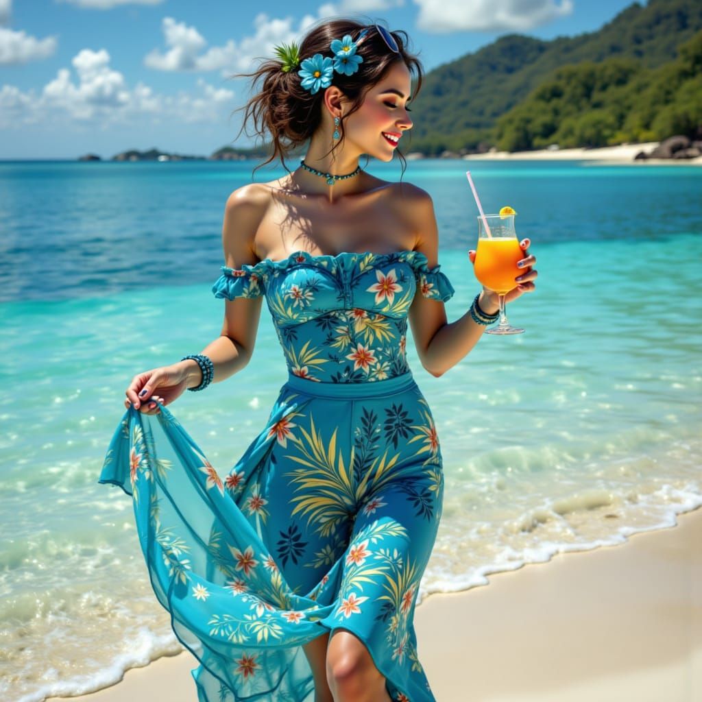 Tahitian Woman on Beach in Impressionist Style