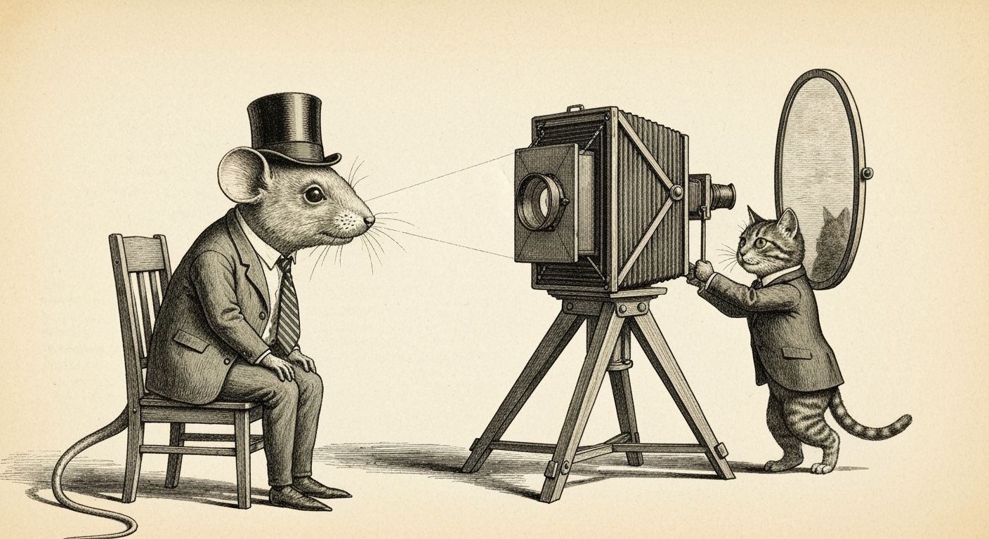 Victorian Camera Obscura with Giant Mouse, Surreal Illustrat...