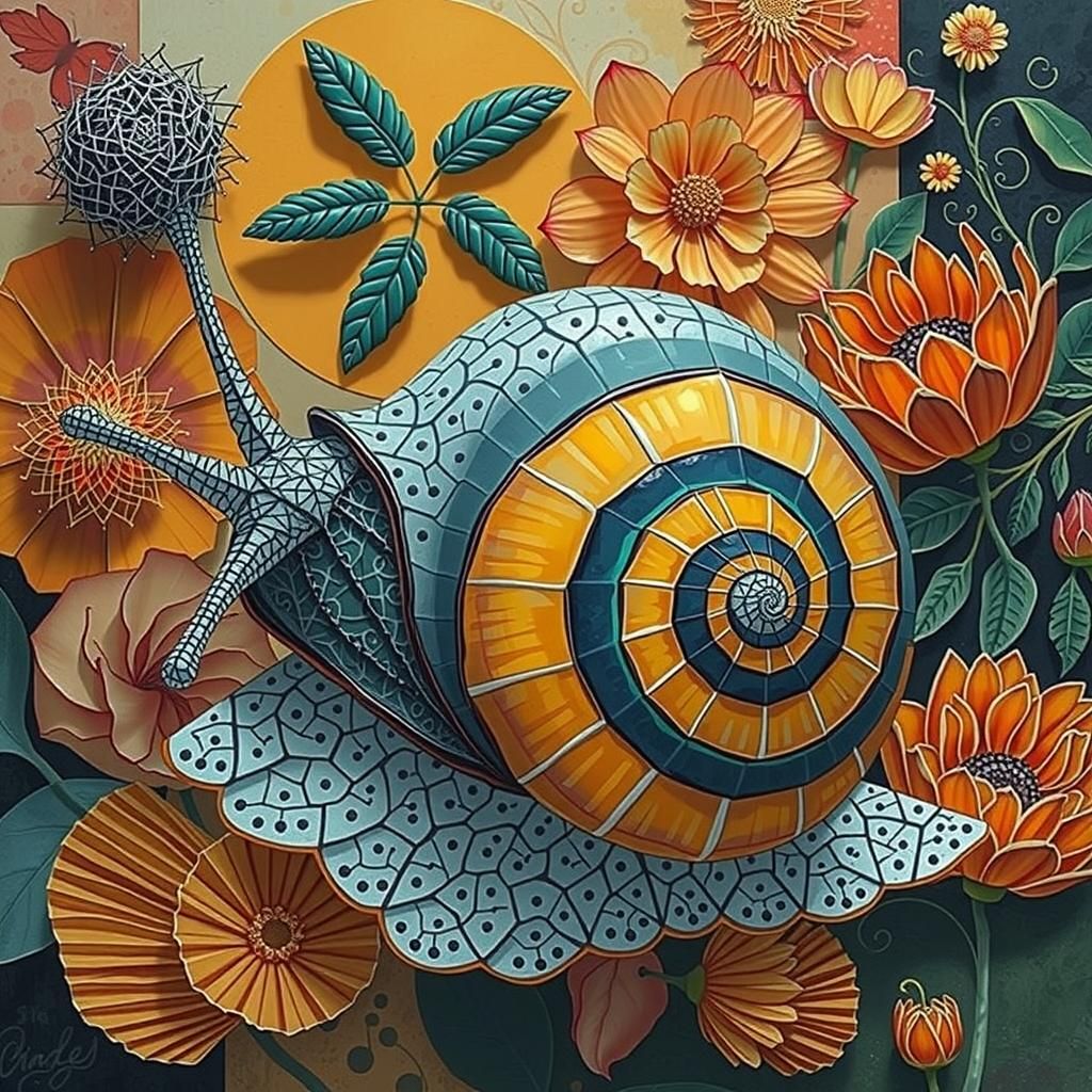 Elegant Low-Poly Snail in Mixed Media Collage