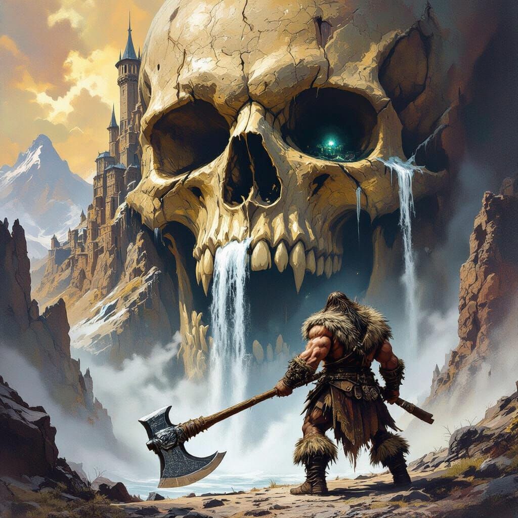 Barbarian at Skull Mountain Castle, Dynamic Fantasy Art