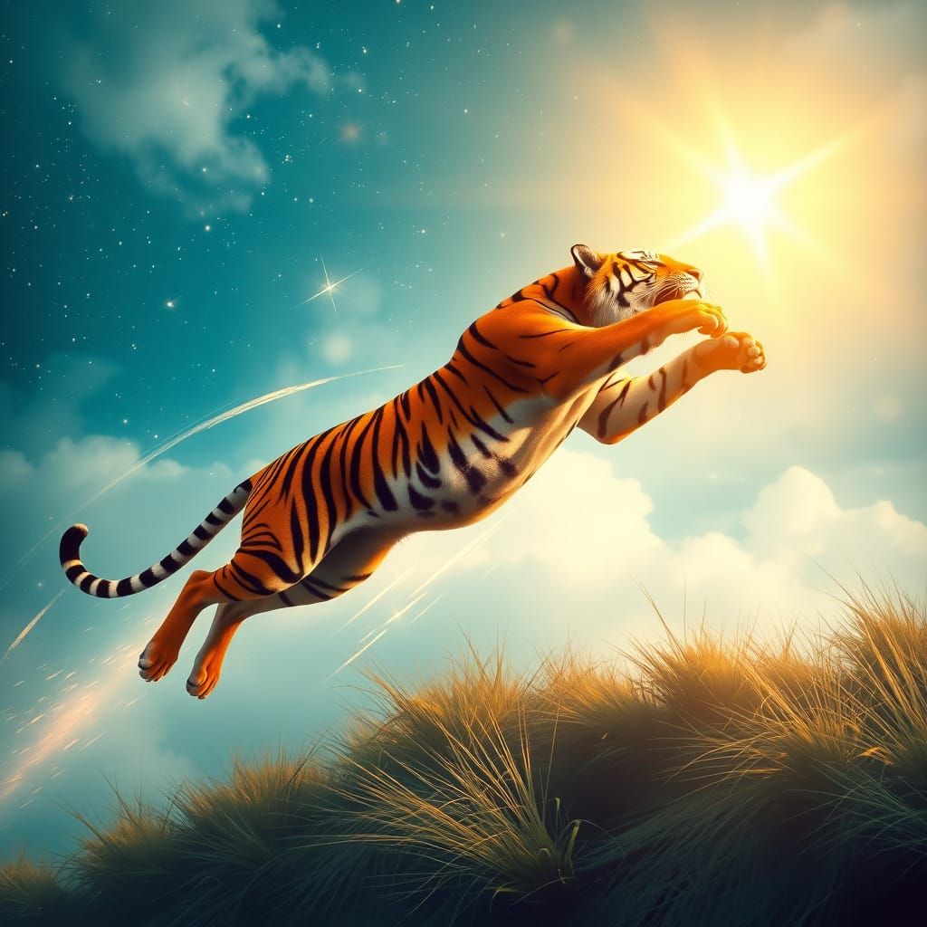 Shooting Star Tiger Leaping Through Sky Defying Gravity