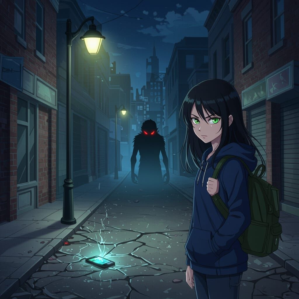 Girl Confronts Shadowy Figure on Dark Street at Night
