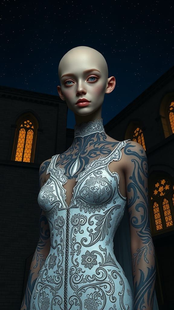 Gothic Tattooed Bride in Starry Night Scene