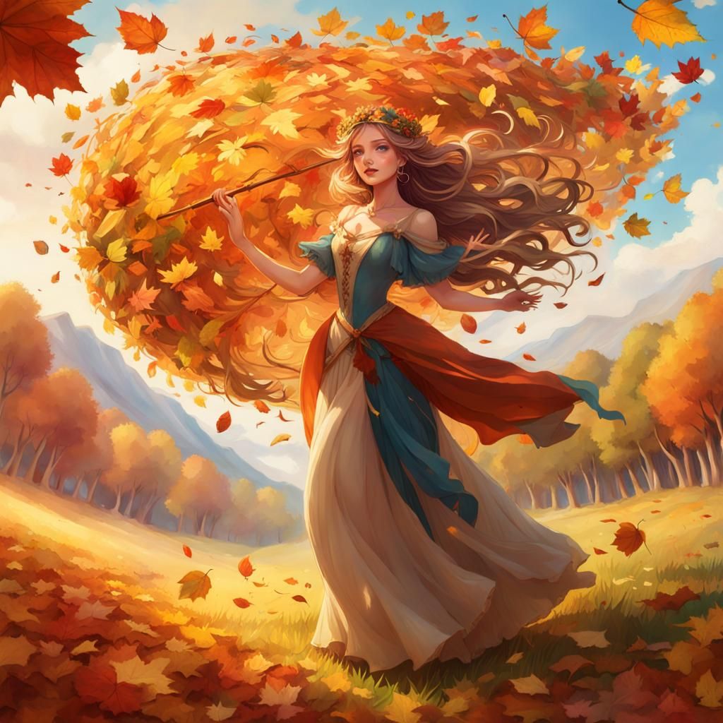 Autumn Princess in Leafy Field: Watercolor Art
