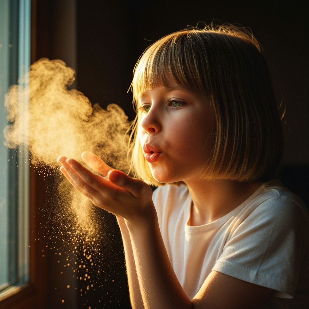 Girl Blows Golden Dust Cloud in Cinematic Film Still