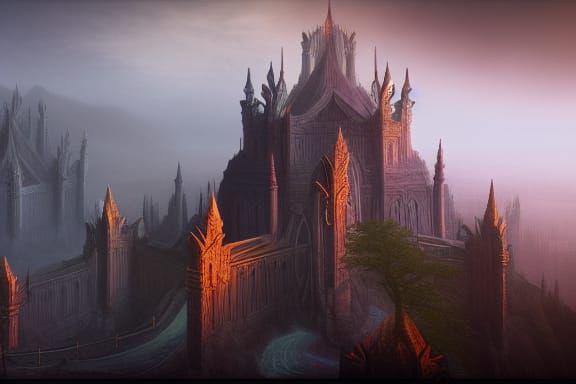 Elven Citadel in Mist: Detailed Matte Painting