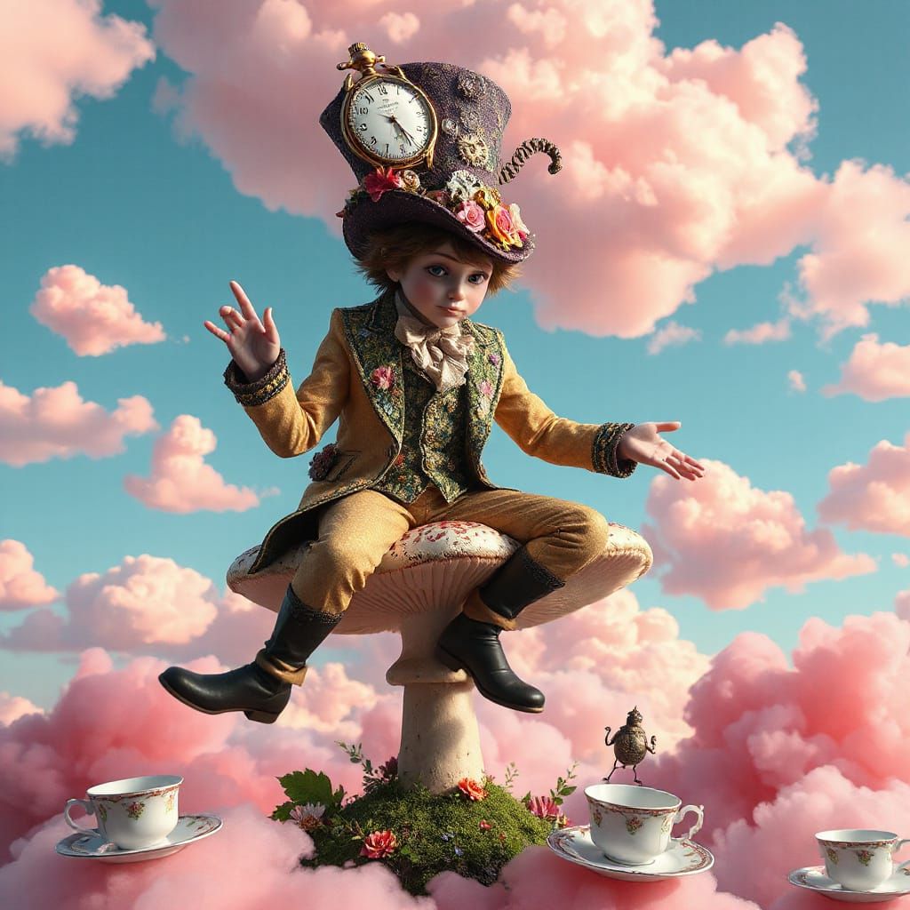 Mad Hatter on Mushroom in Dreamy Digital Art