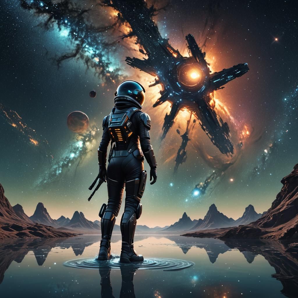 Woman Discovering New World in Starry Galaxy