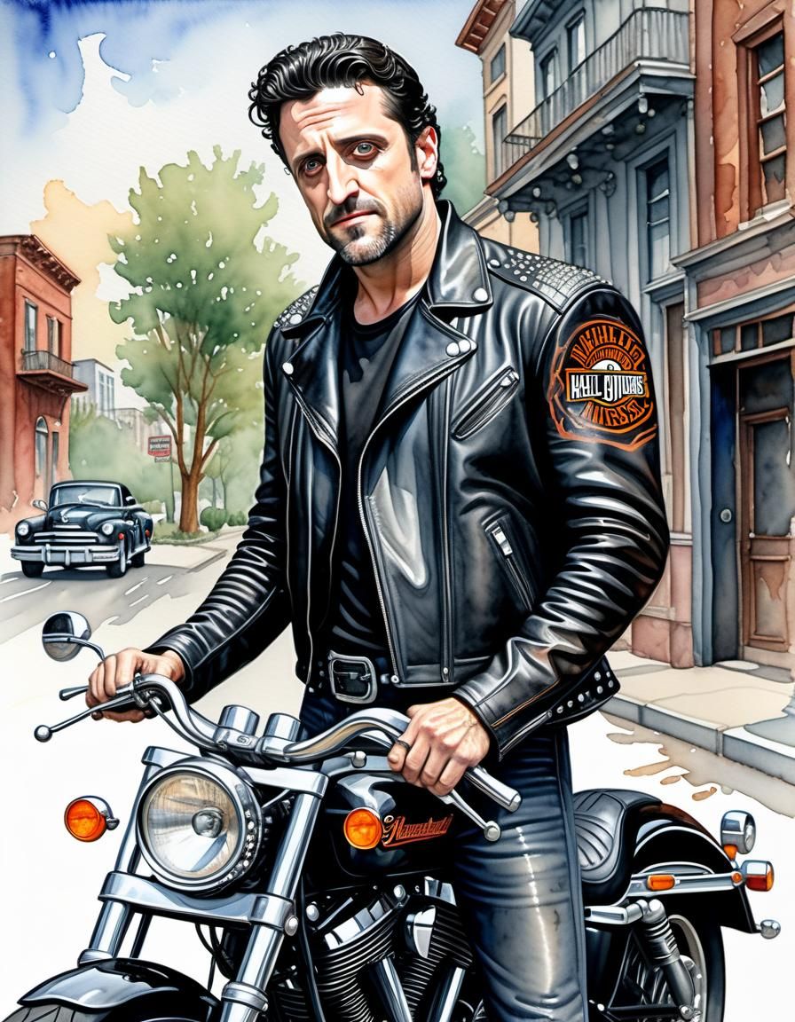 Cartoon Masterpiece: Young Biker with Harley-Davidson