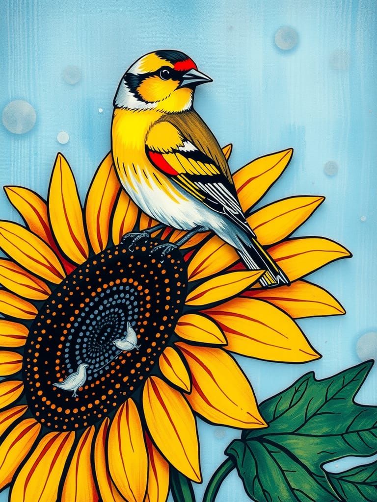 Goldfinch on Sunflower in Naive Folk Art Style