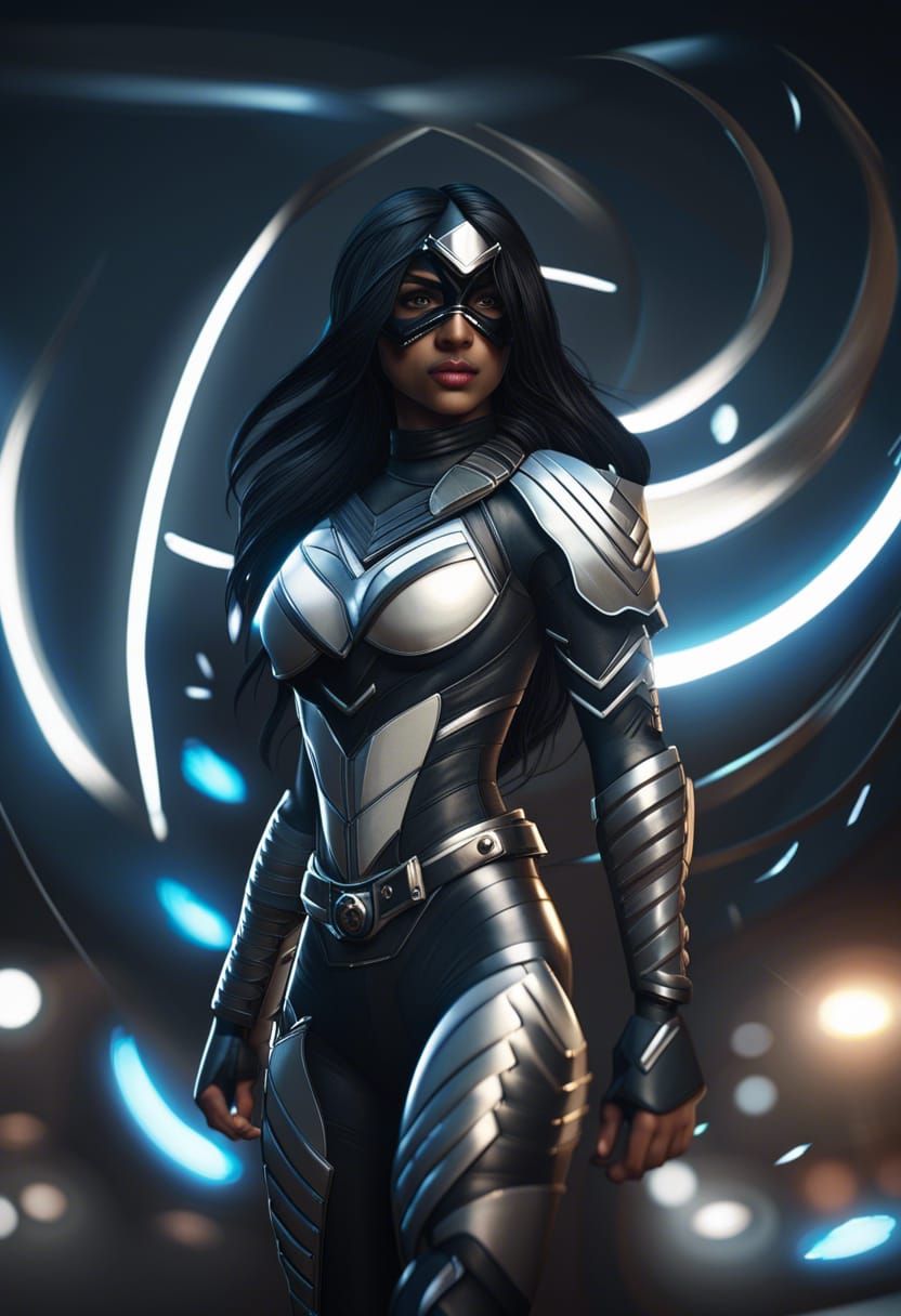 Indian Superheroine in Tactical Armor on Rooftop