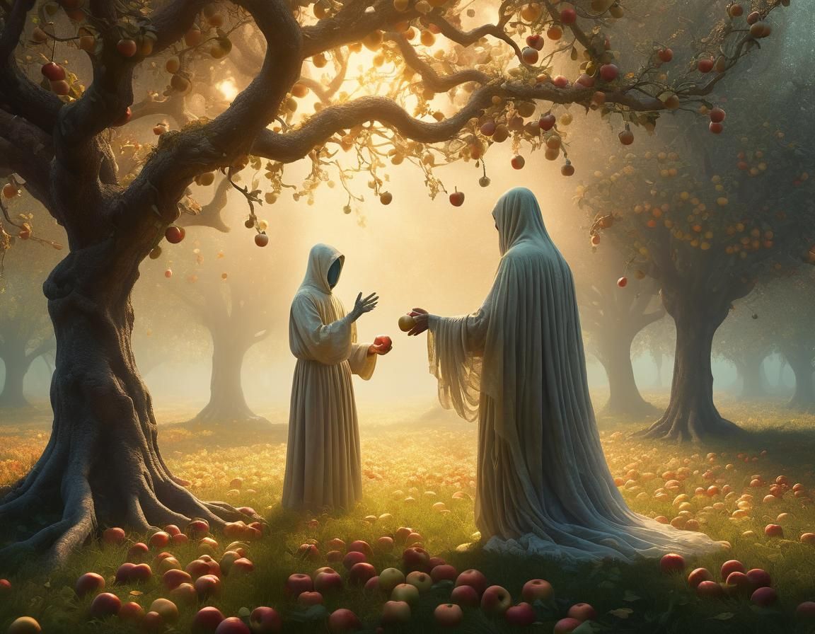 Ghostly Figure Picking Apples in Mystical Landscape