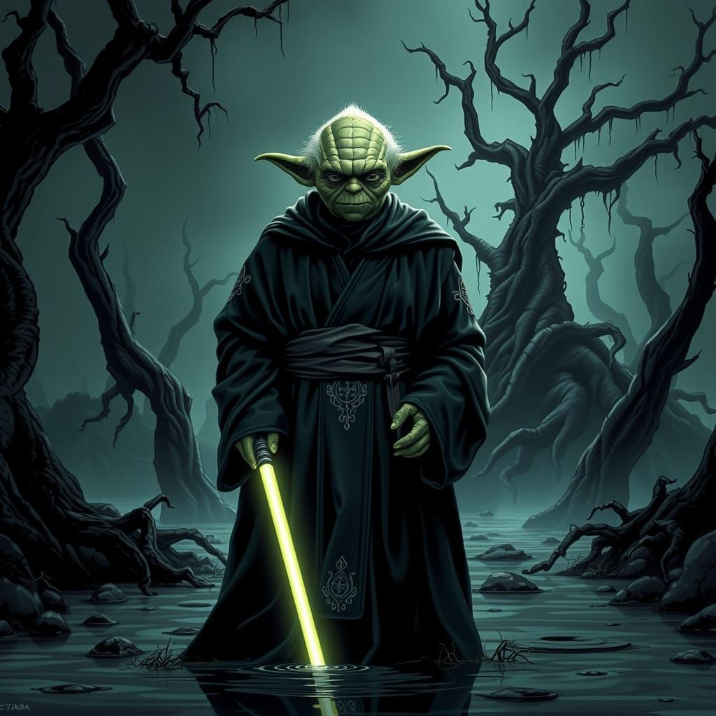 Darth Yoda in Dark Sci-Fi Swamp Landscape