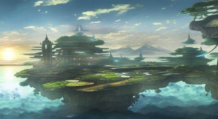 Anime City on Floating Island with Volumetric Lighting