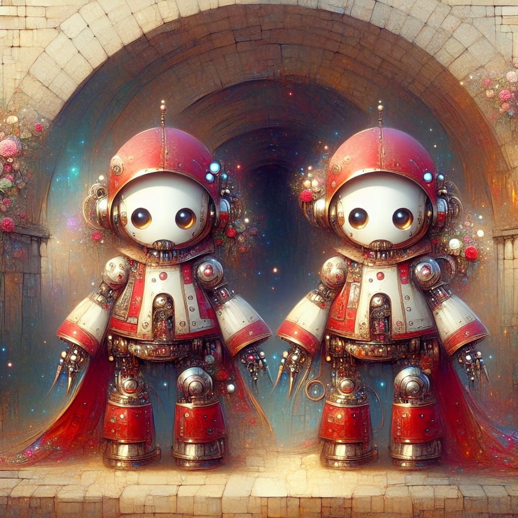 Steampunk Robot Skeletons in Elegant Red and White Armor Sta...