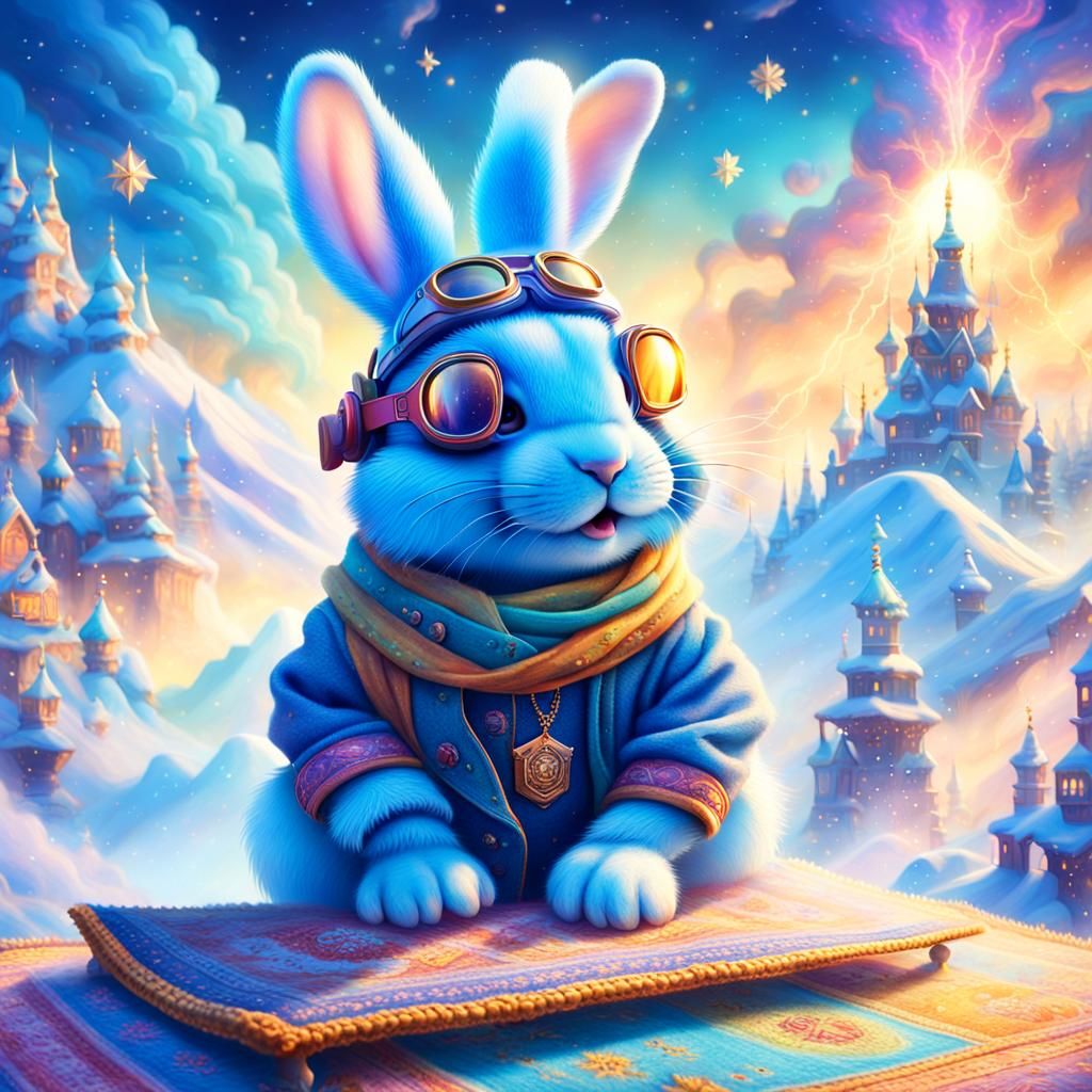 Blue Rabbit on Magic Carpet in Surreal Fantasy