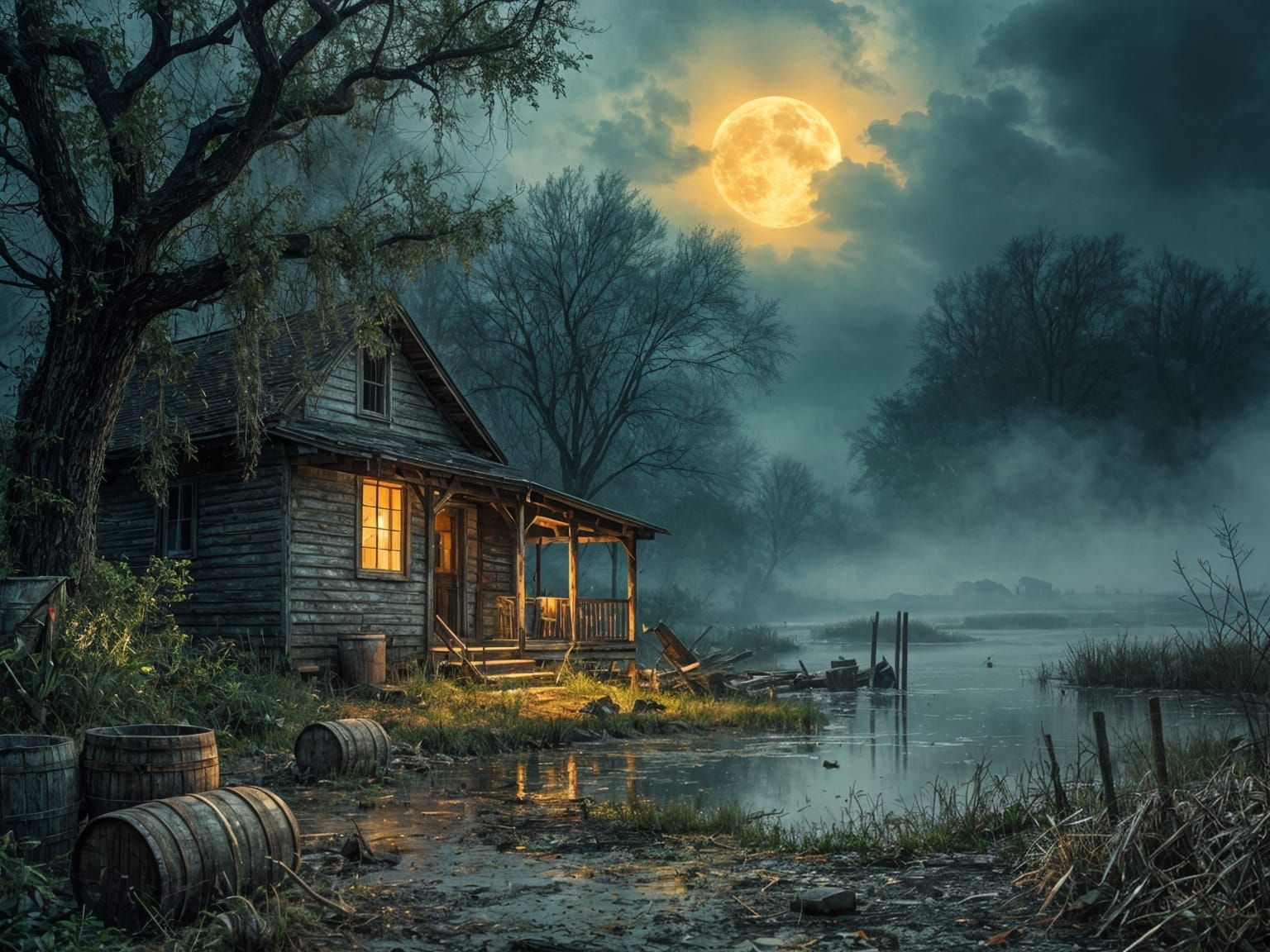 Mysterious Louisiana Bayou Under Dark Moonlight