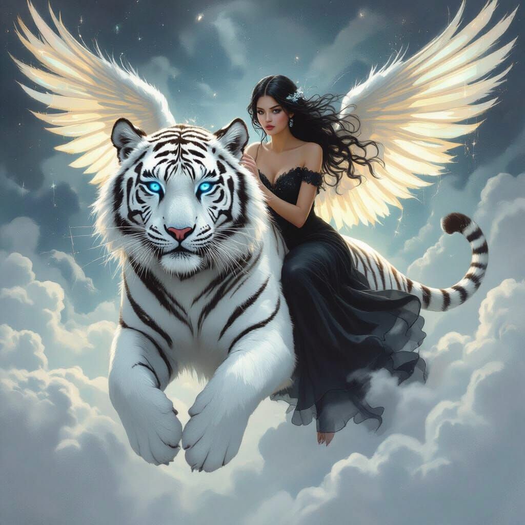 Winged White Tiger Leaping from Cloud, Oil Painting