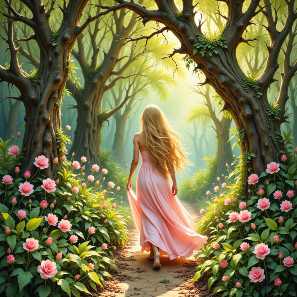 Ethereal Woman in Mystical Forest, Art Nouveau Style