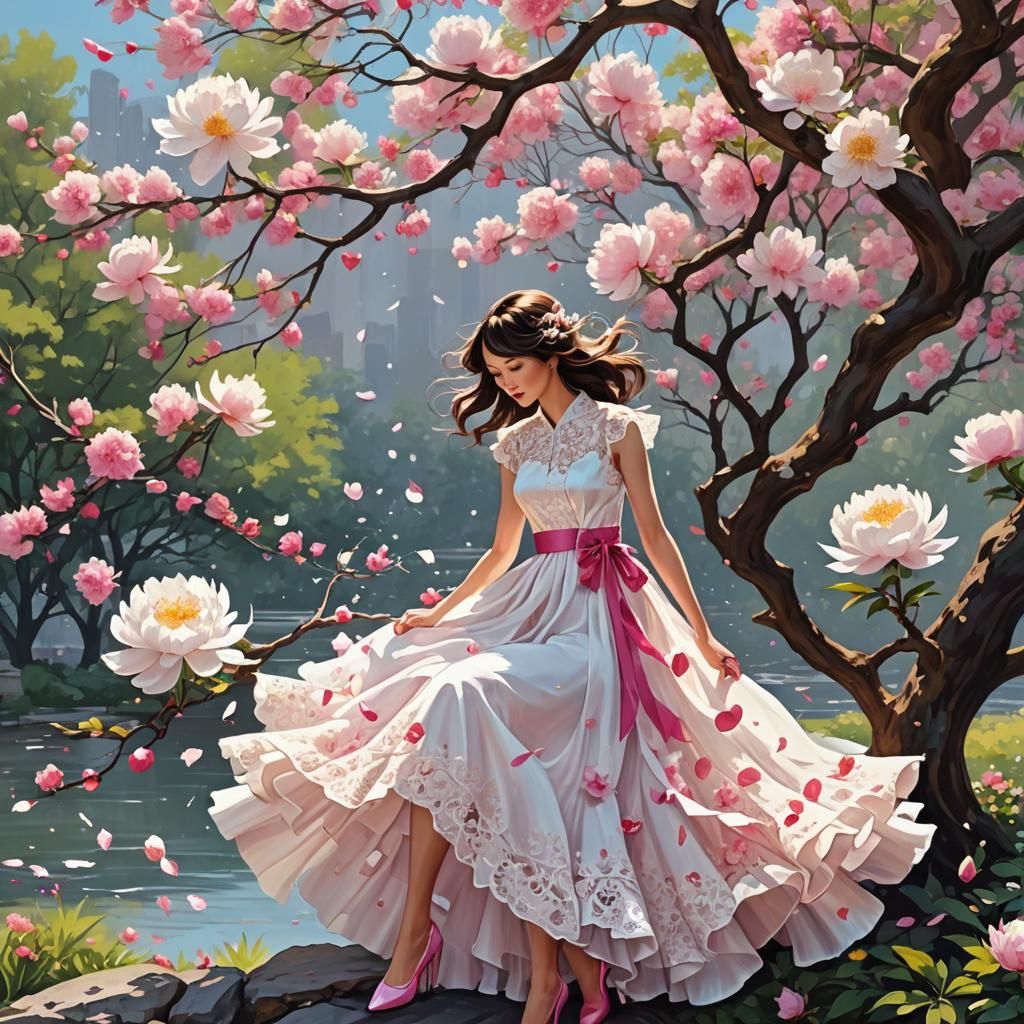 Woman Under Peony Tree in Anime Style