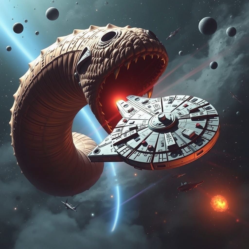 Galactic Battle: Space Worm Engulfs Starship