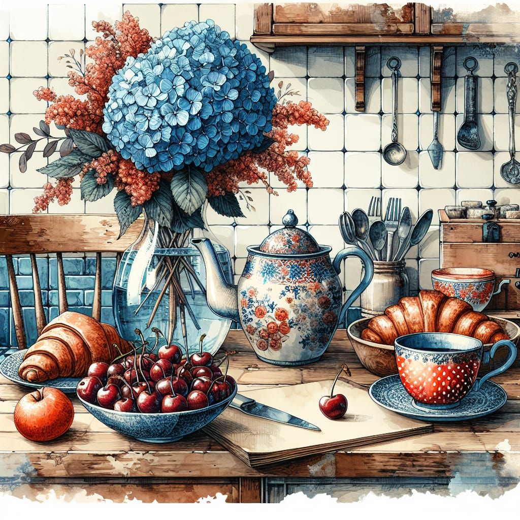 Cozy Kitchen Breakfast Scene in Watercolor Style