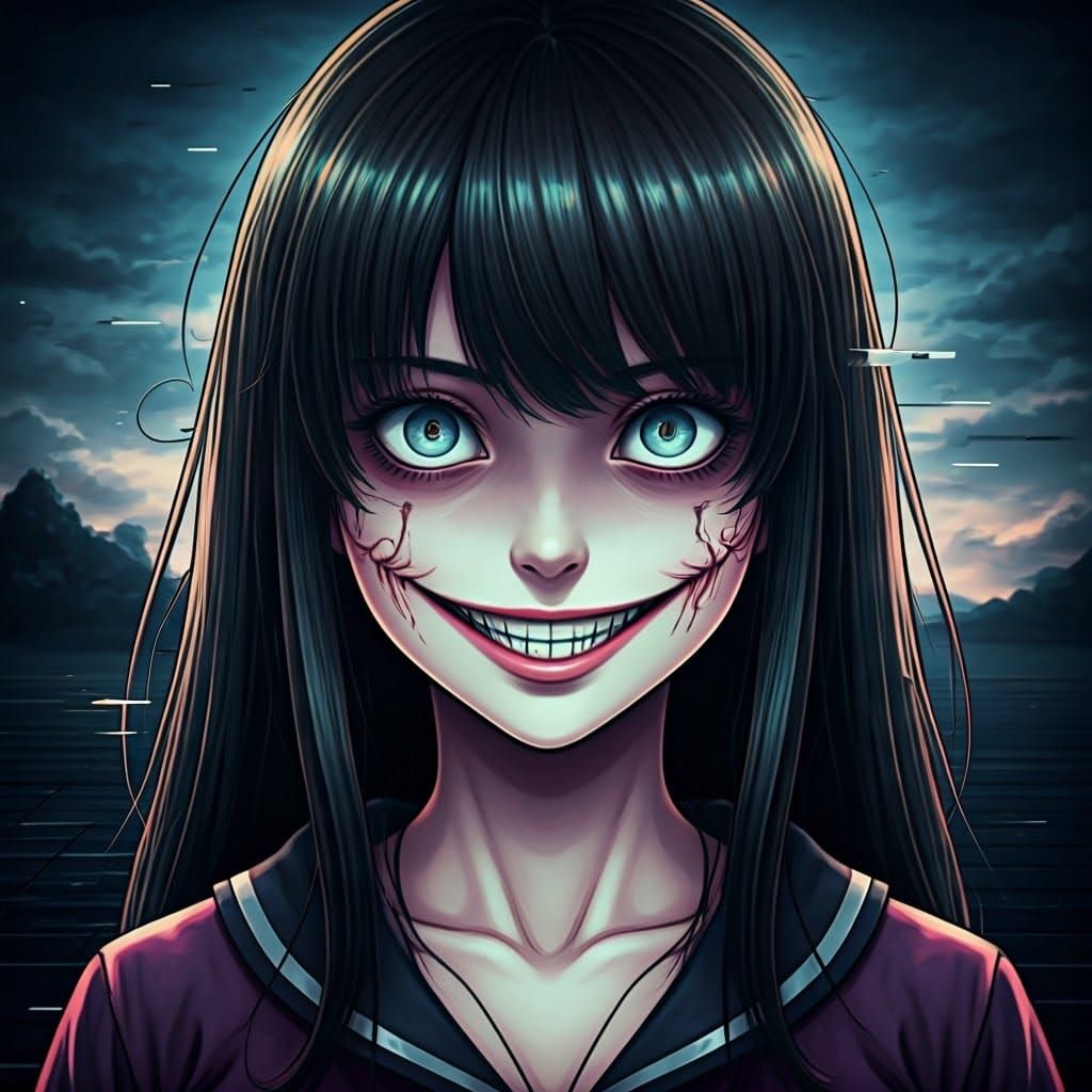 Eerie Cyberpunk Girl with Distorted Grin