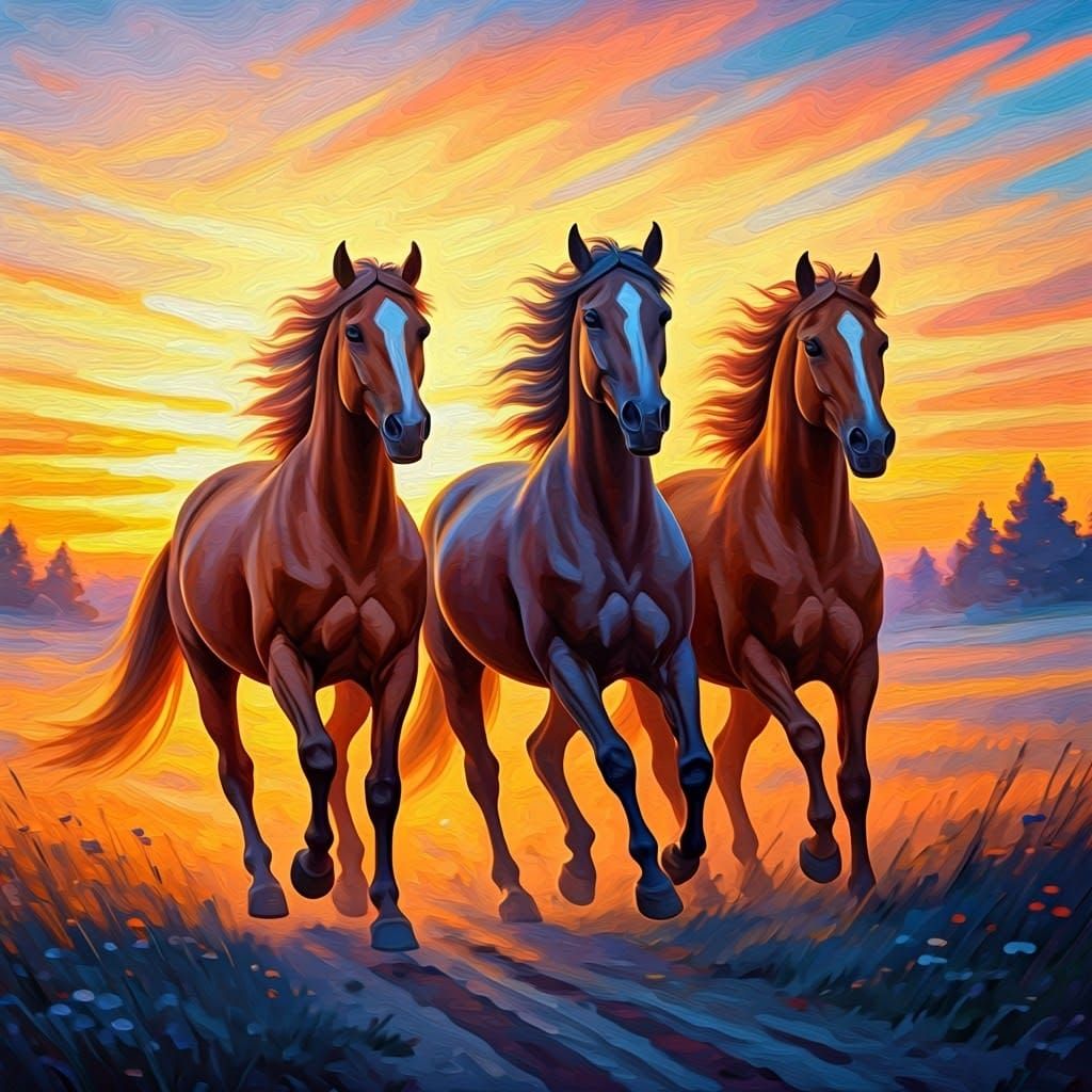Four Horses at Sunrise in a Dreamy Brushstroke Style