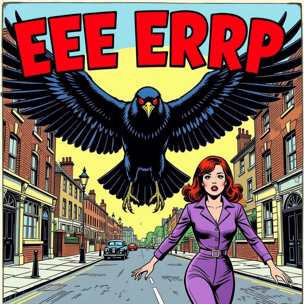 Giant Crow Menaces Diana Rigg in London Street Comic Panel