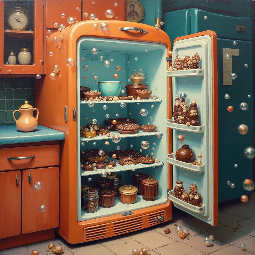 Whimsical Retro-Style Refrigerator Scene with Chocolate Trea...