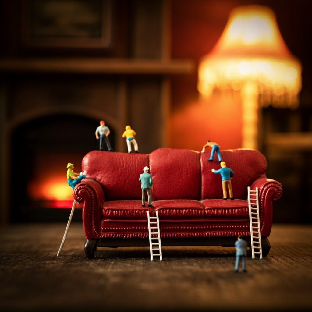 Miniature People Climb Colossal Sofa in Cozy Room