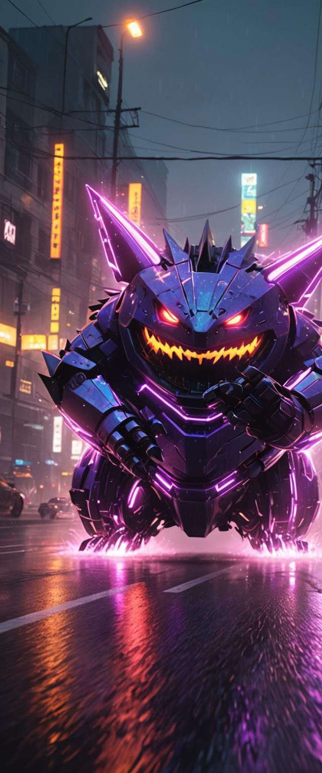 Gengar Driving Sports Car on Neon Road in Sci-Fi Render