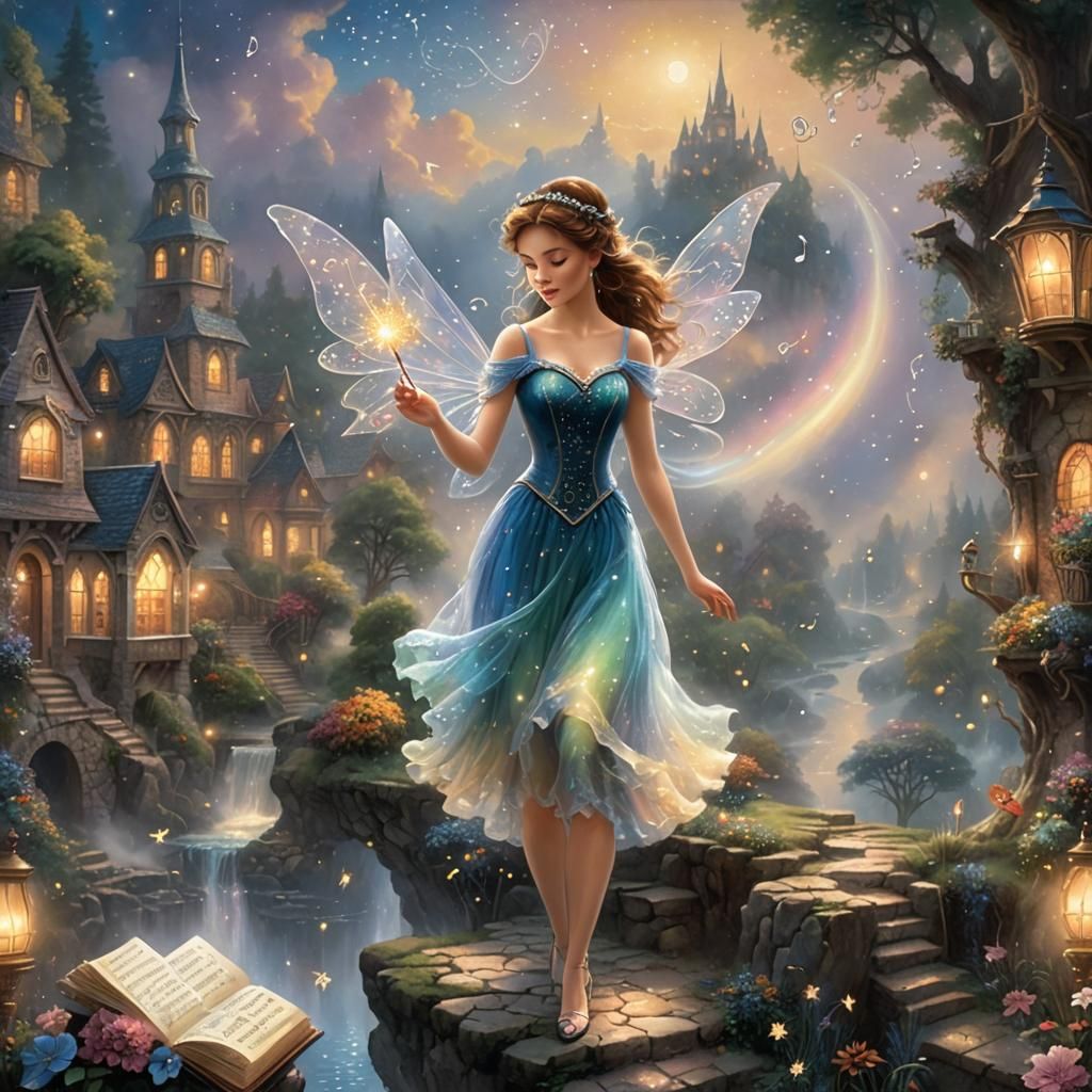 Ethereal Fantasy Book with Musical Notes and Fairy Dust