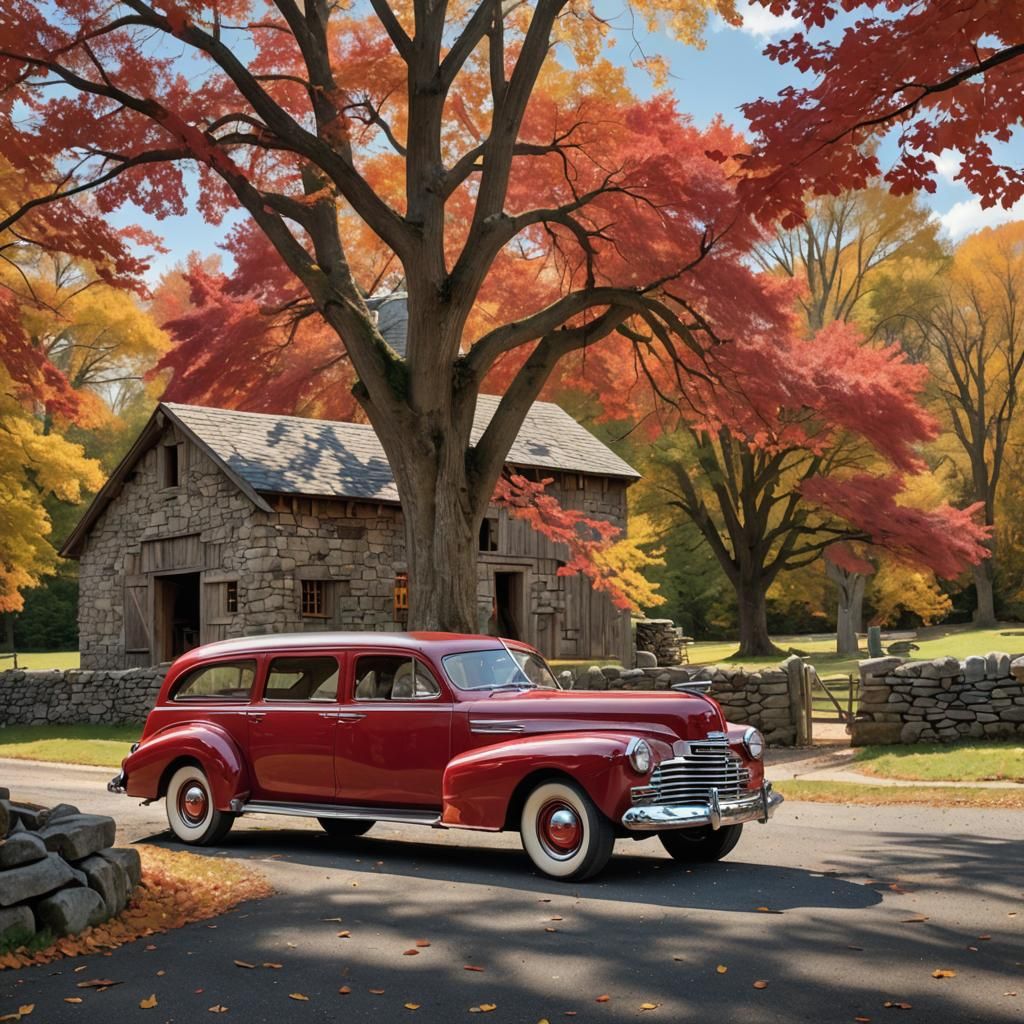 Art Deco Station Wagon in Autumn Landscape