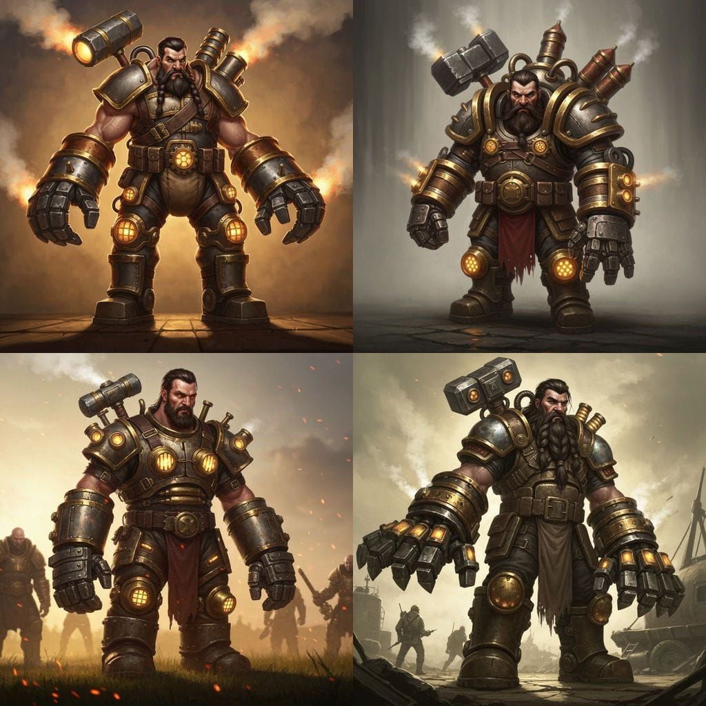 Steampunk Dwarf Sapper in Heavy Exosuit with Steam Hammer