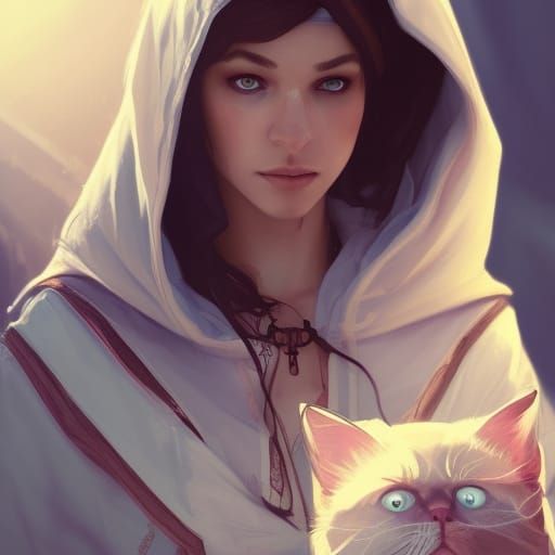Hooded Woman with Cat: Colorful Digital Art Portrait