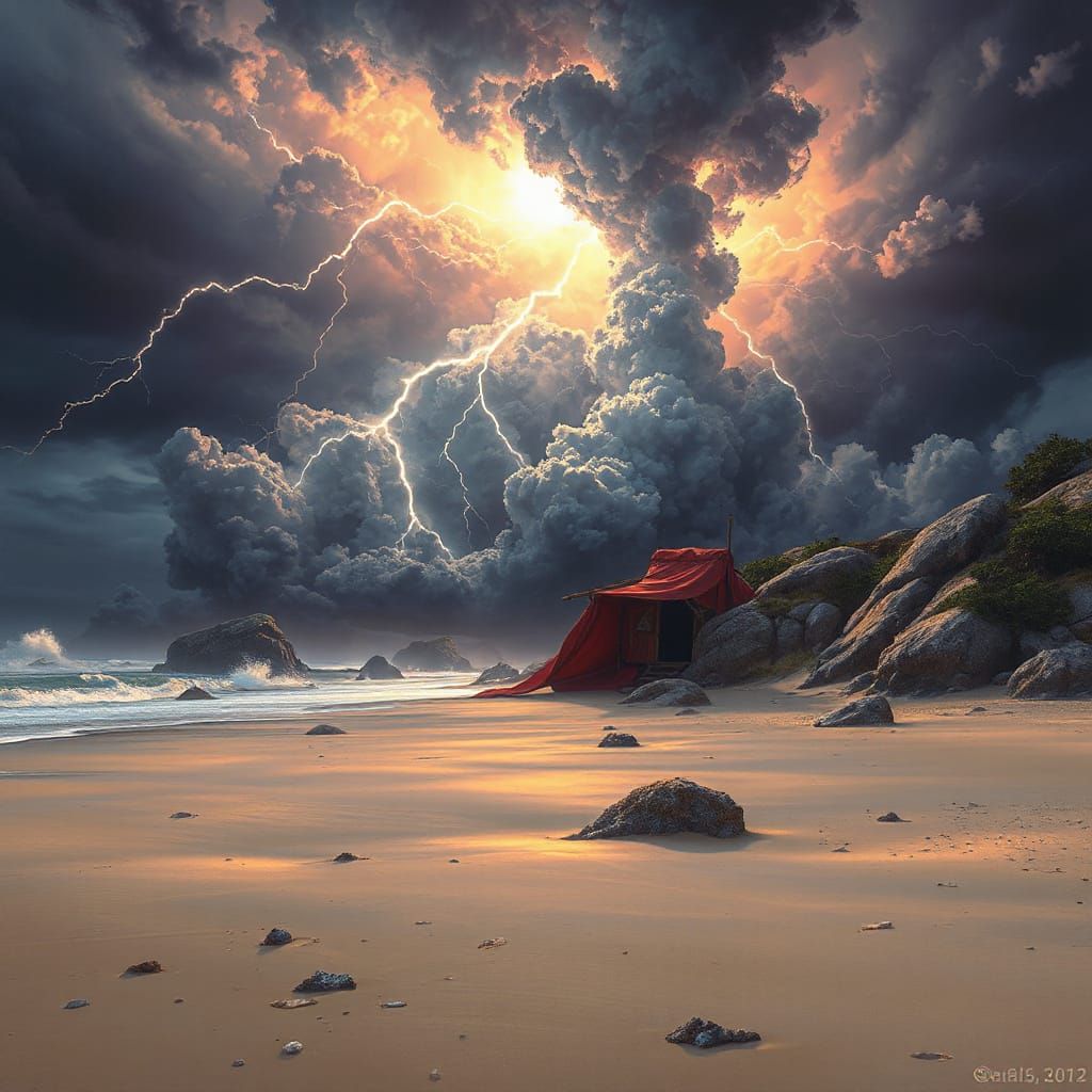 Stormy Beach Scene with Lightning, Ethereal Fantasy Art