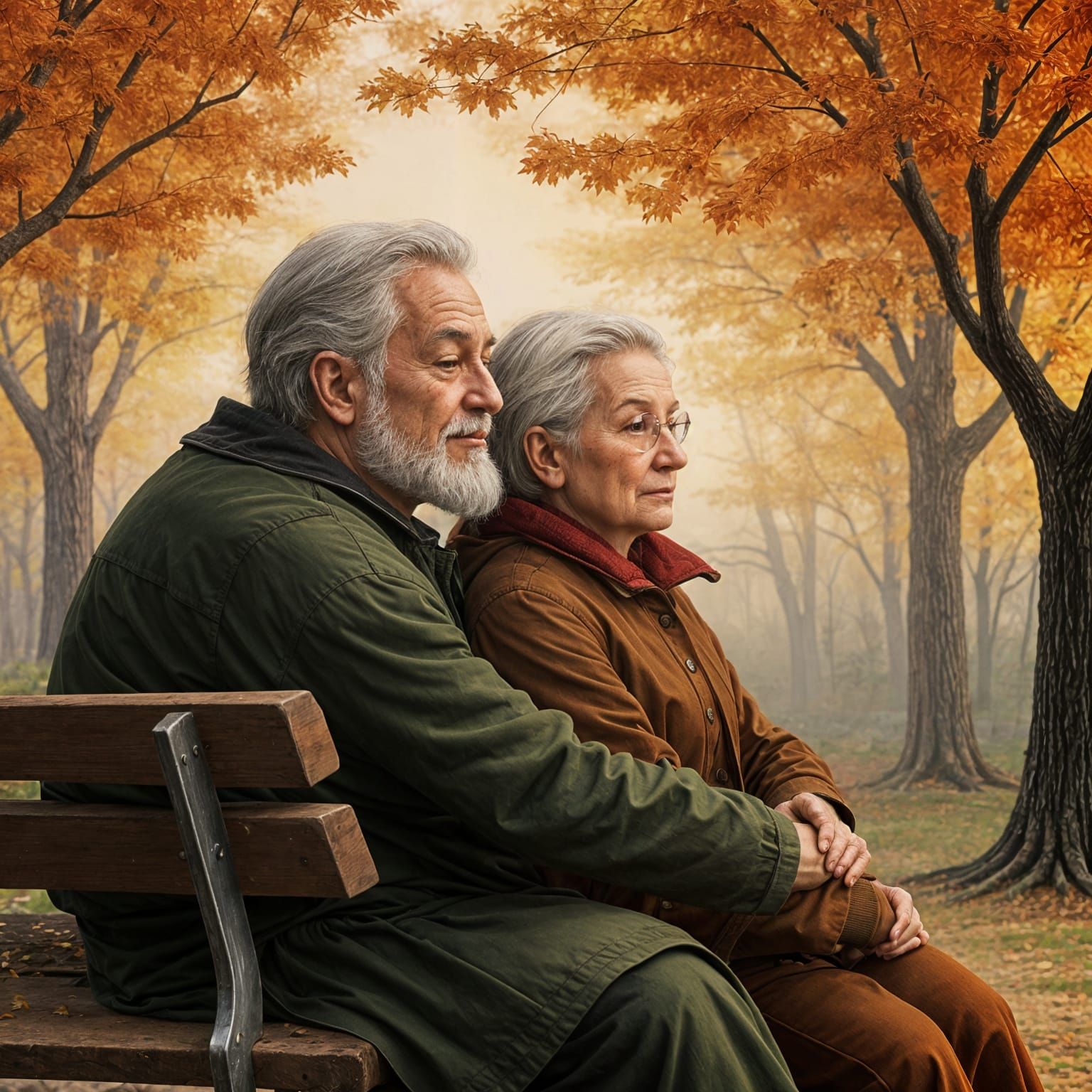 Elderly Couple's Autumn Peace in Classical Oil Style