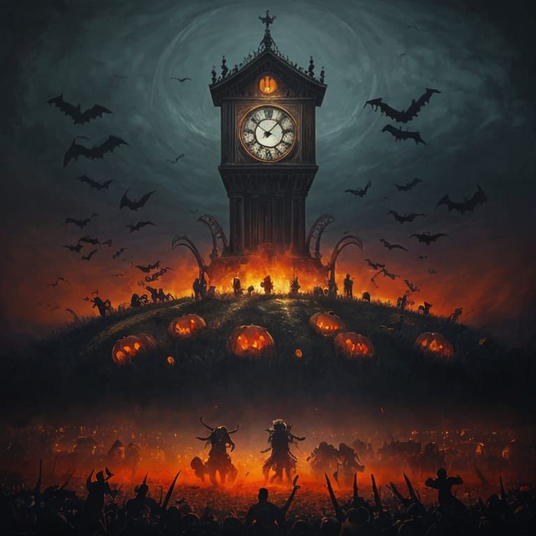 Demonic Clocks Chase People: Oil Painting