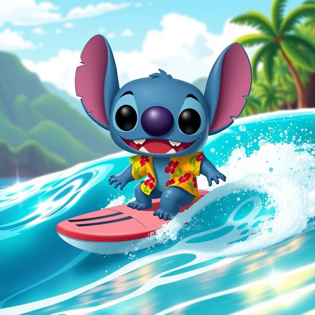 Funko Pop Figure Disney Stitch surfing a wave in Hawaii. The wave is crystal clear and turquoise, with sunlight reflecti...