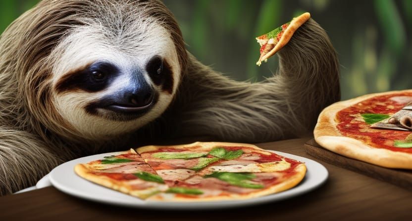 Sloth Enjoying Pizza and Beer, Hyper-Realistic Digital Art
