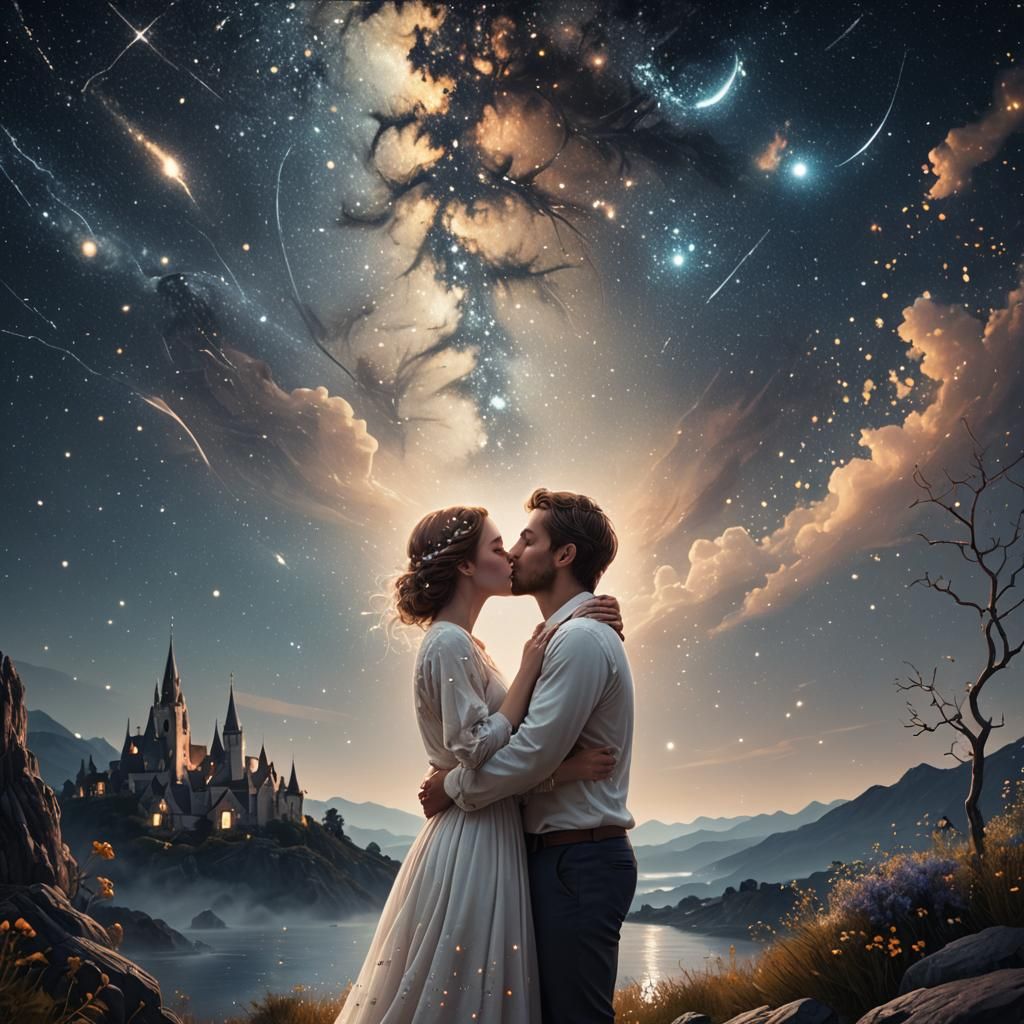 Couple Kissing Under Starry Night Sky in Fantasy Art