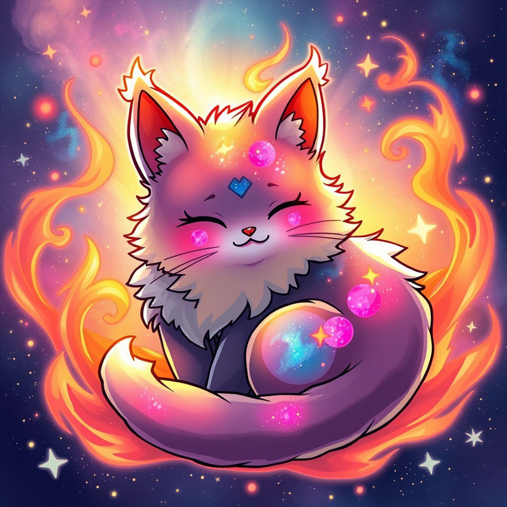 Fiery Galaxy Pokémon Cat in Surrealist Style