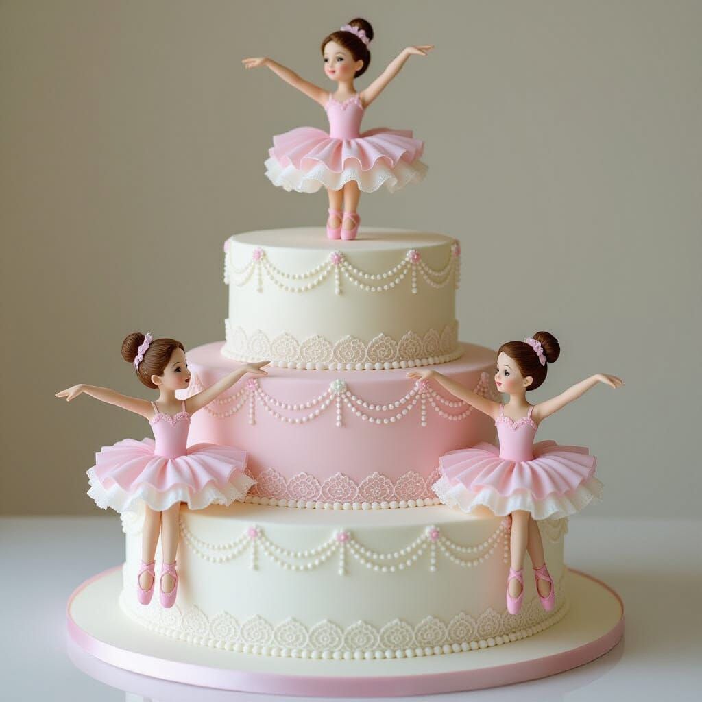 Pink & White Lace Cake with Ballet Dancers