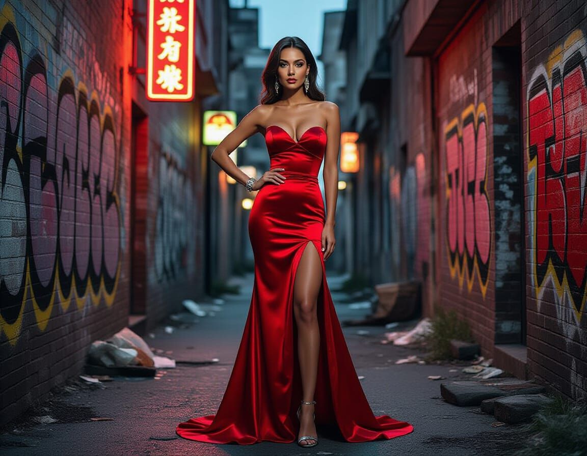 Elegant Woman in Red Dress Amid Urban Decay