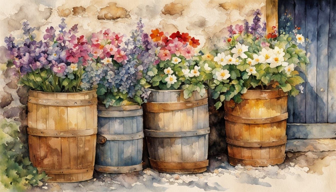 Vibrant Flowers in Pails: Watercolor Cottage Scene