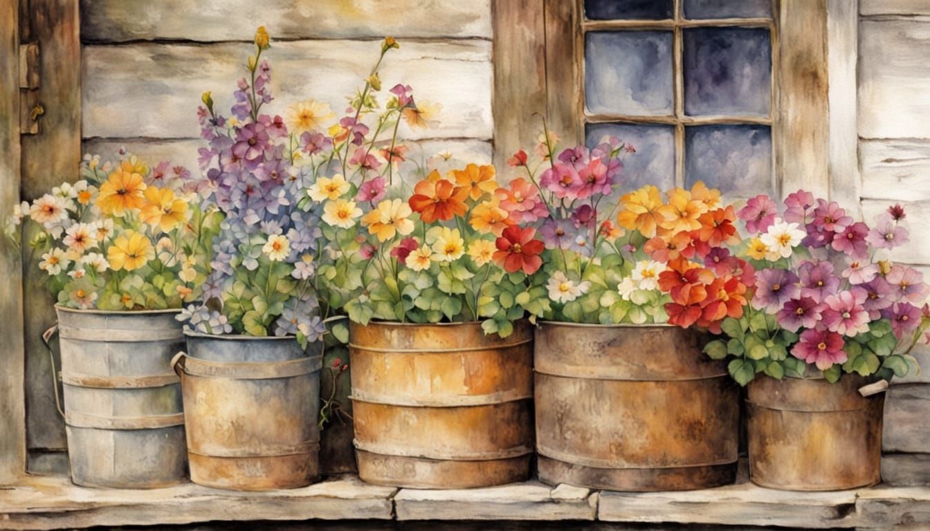 Vibrant Flowers in Buckets: Watercolor Cottage Scene