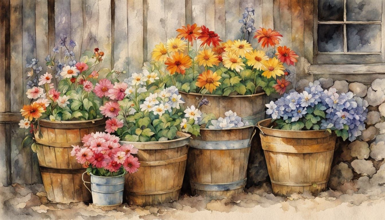 Vibrant Flowers in Pails: Watercolor Cottagecore Art