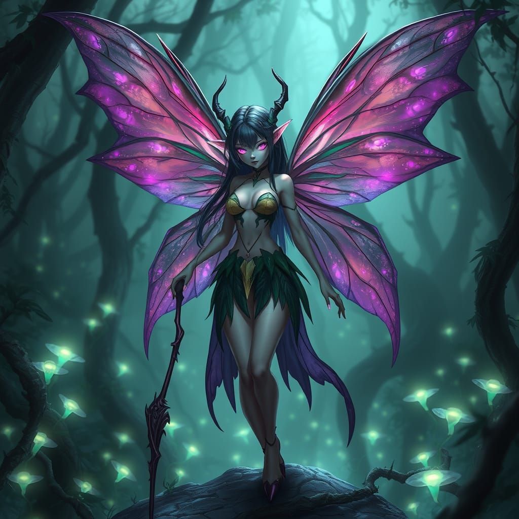Dark Fairy in Enchanted Forest with Bioluminescent Plants